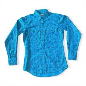 Vintage Western Pearl Snap Shirt Womens S Teal Abstract 90s Indie Rodeo Festival